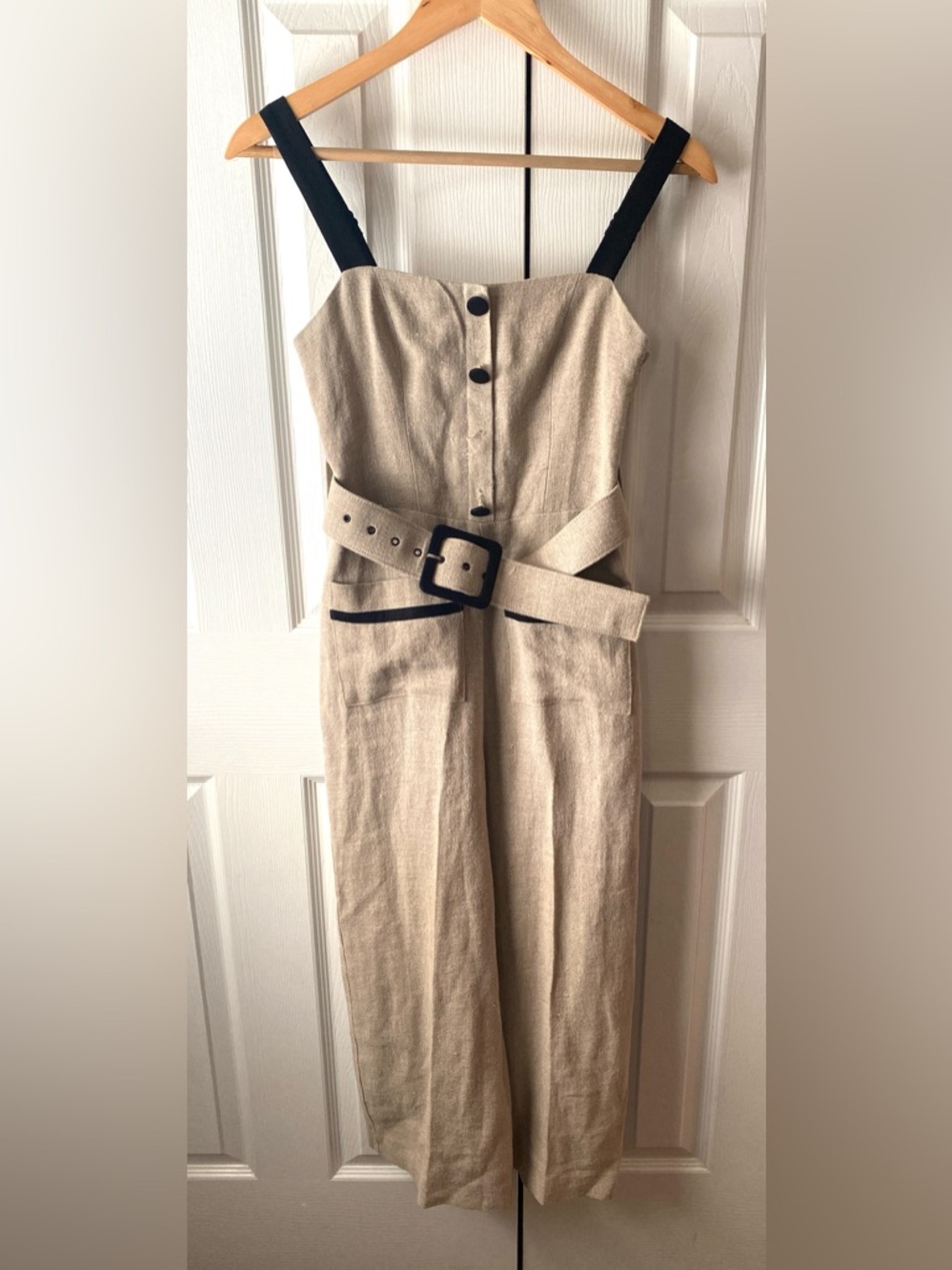 STAUD Lampone Beige 100% Linen Wide-Leg Cropped Jumpsuit with Black Trim 0 - Picture 3 of 15